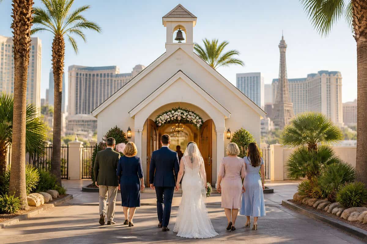 A couple and their guests outside a small wedding chapel in Las Vegas.