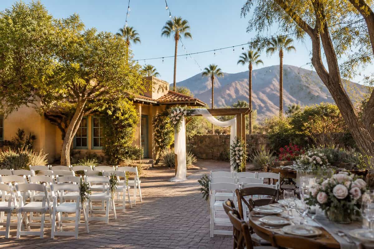 An intimate outdoor wedding setup in a landscaped Las Vegas neighborhood garden with white chairs, a floral arch, and desert mountains in the background.