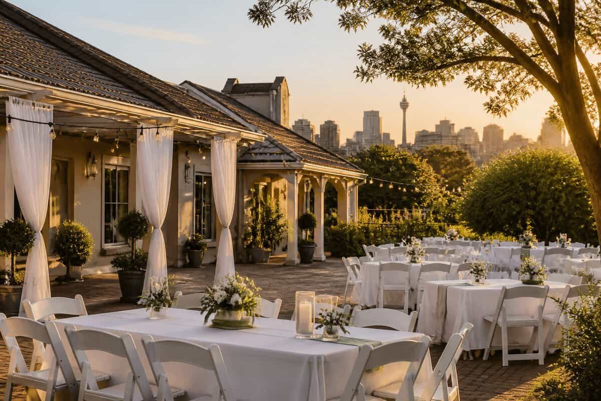 An affordable-looking wedding venue with decorated tables and greenery in a Johannesburg courtyard.