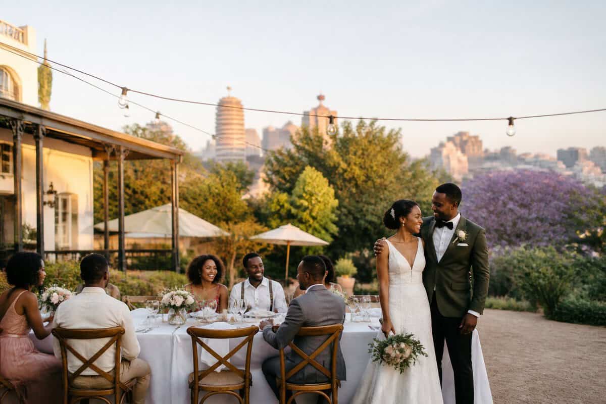 A couple and guests celebrate at an affordable outdoor wedding venue in Johannesburg.