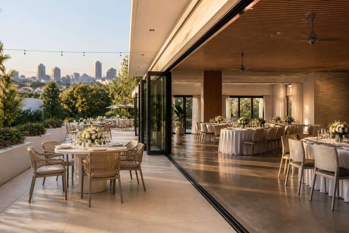 An elegant wedding venue with flexible indoor and outdoor spaces, arranged seating, and greenery.