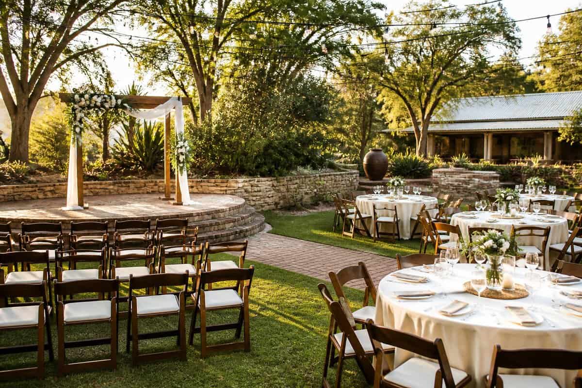 A modest garden wedding venue near Johannesburg with floral decorations, arranged chairs, and reception tables.
