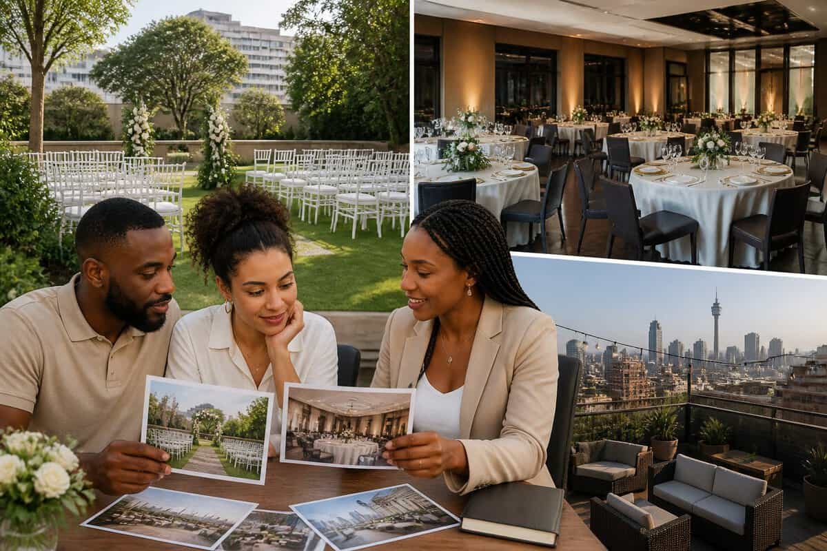 A couple and wedding planner compare three affordable wedding venue settings in Johannesburg.