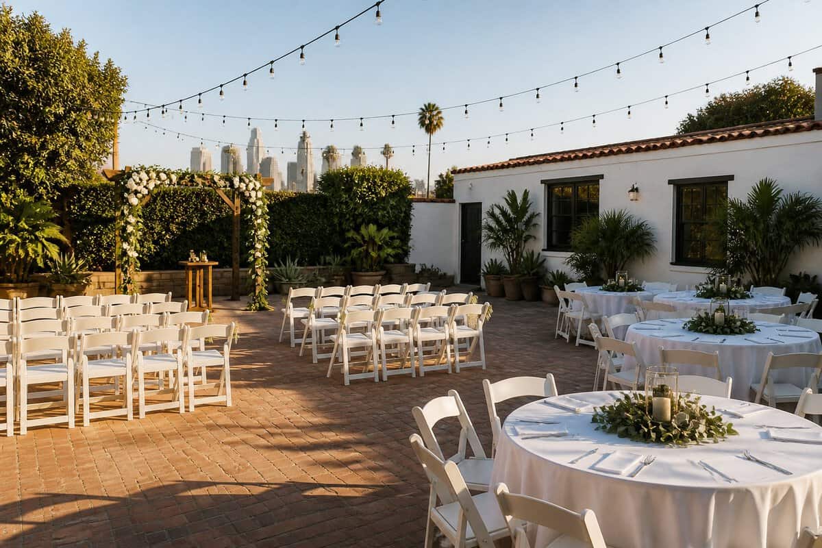 A modest outdoor wedding venue in Los Angeles with white chairs, simple floral decorations, reception tables, and warm sunlight.