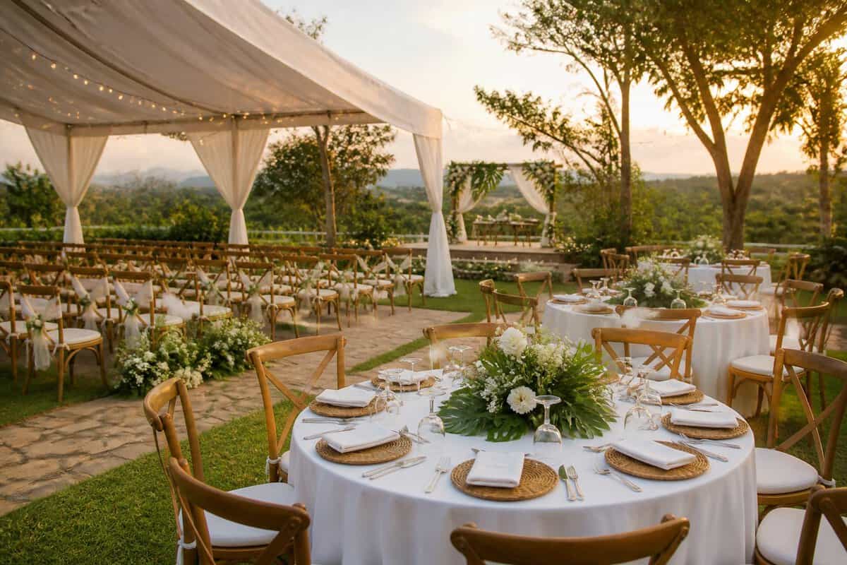 An elegant outdoor wedding venue with white chairs, decorated tables, flowers, and string lights in a lush garden.