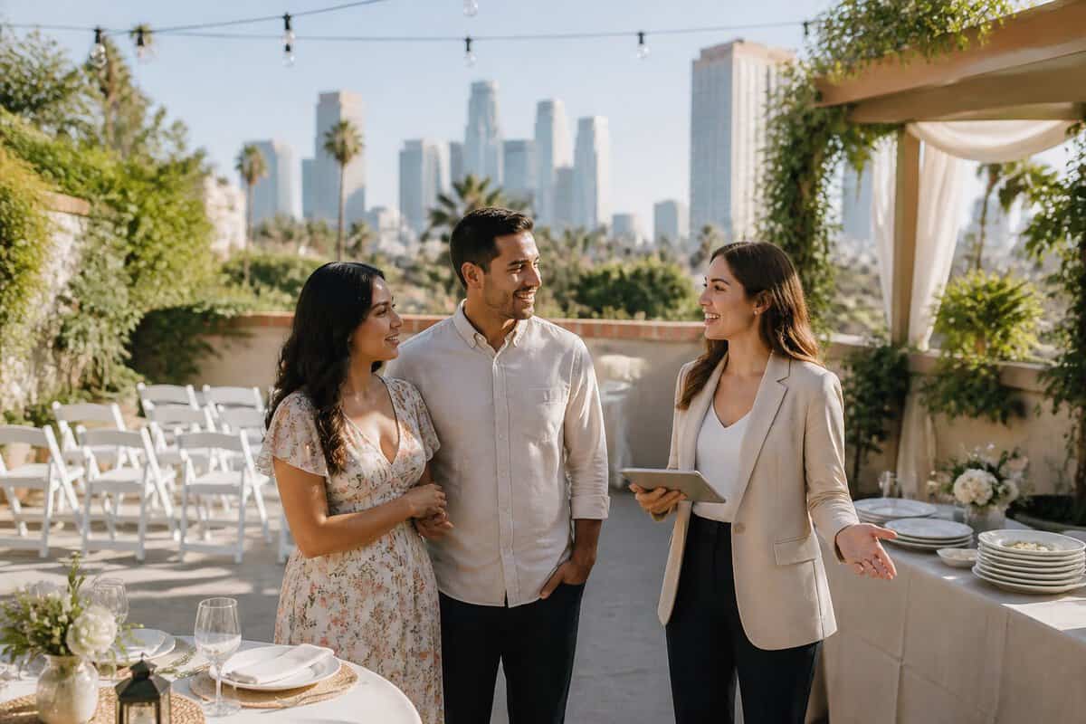 A couple tours an affordable Los Angeles wedding venue with a coordinator.