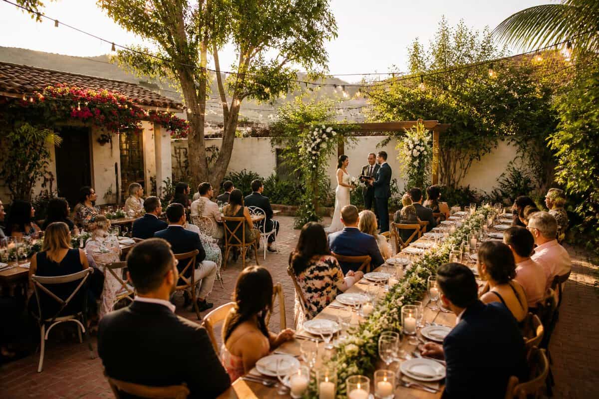 An intimate outdoor wedding ceremony and reception in a sunny garden courtyard.