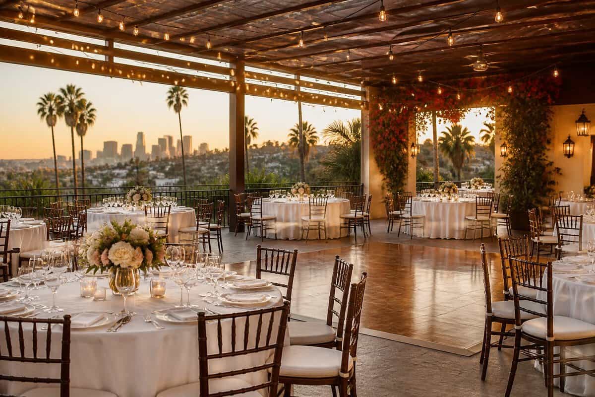 An affordable Los Angeles wedding venue arranged for an elegant outdoor reception with tables, string lights, and palm trees.