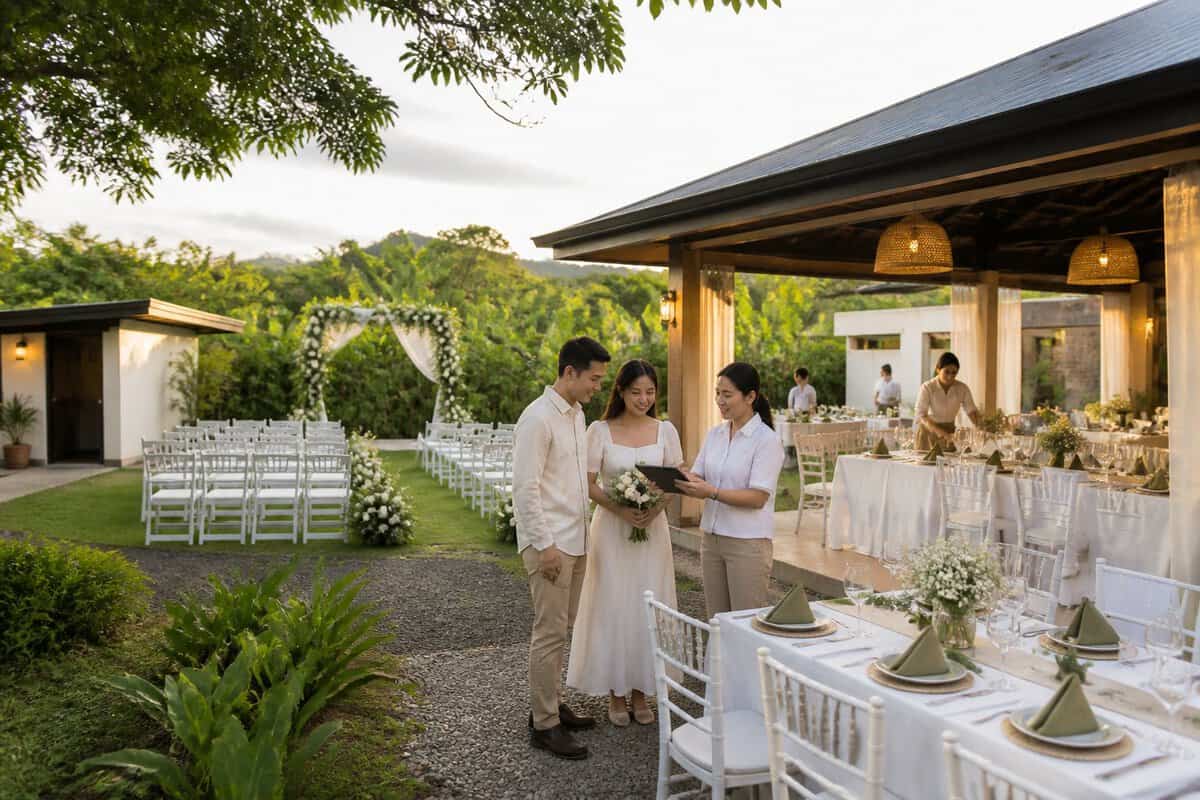 A couple and wedding coordinator review a modest garden venue with a ceremony setup and decorated reception tables.