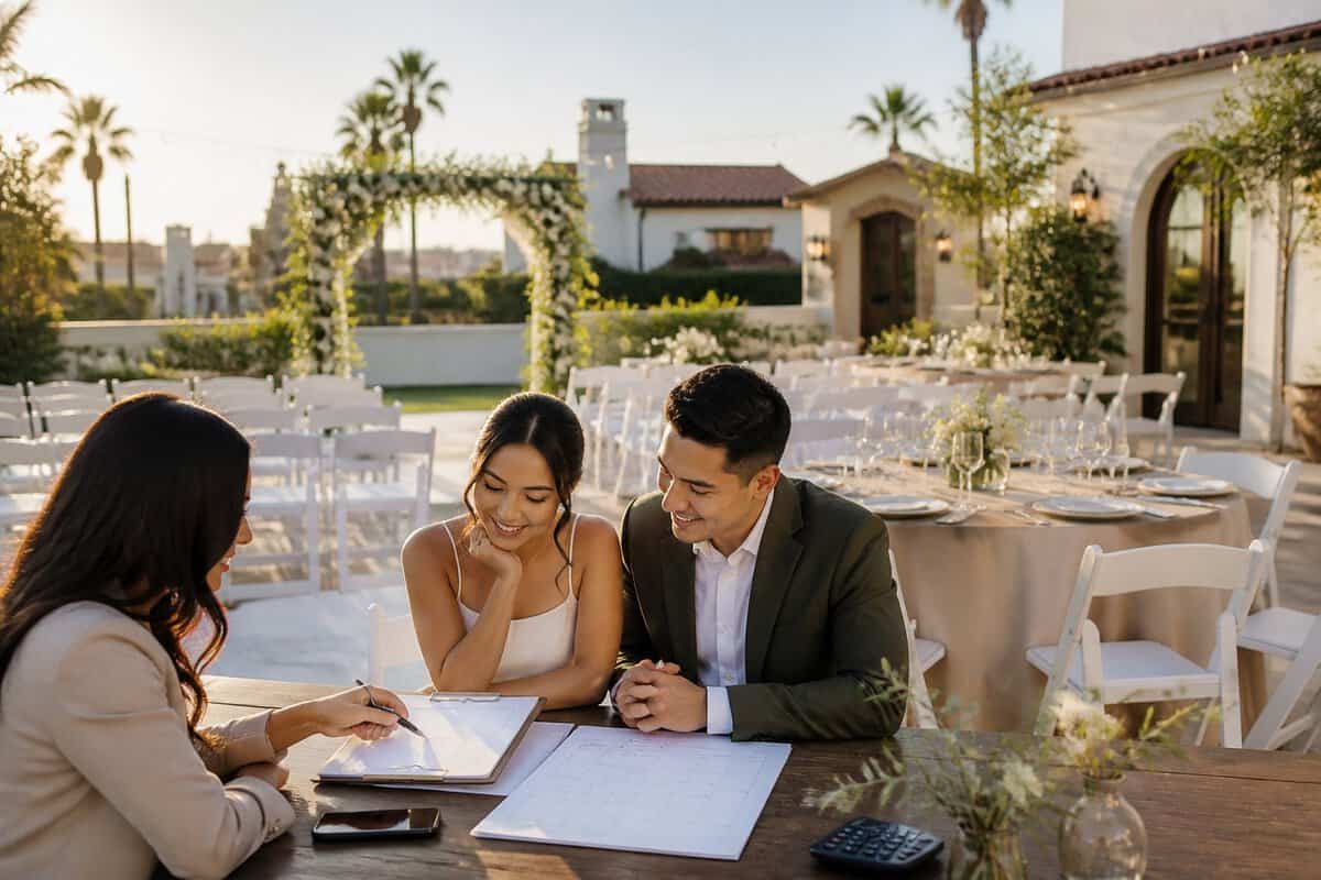 A couple and wedding coordinator compare affordable venue options at a simple outdoor Los Angeles wedding setup.