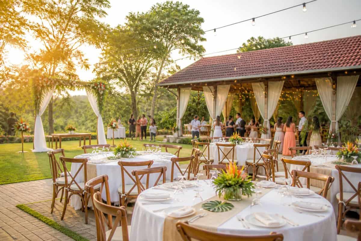 A modest garden wedding reception with decorated tables, string lights, and guests at a landscaped venue.