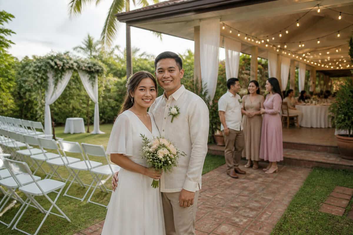 A couple celebrates with guests in a modest garden wedding venue surrounded by tropical greenery.