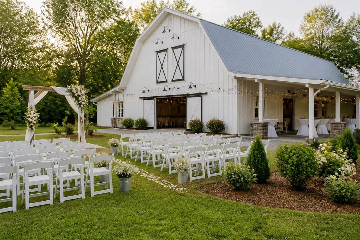 A charming wedding venue with a simple outdoor ceremony setup, white chairs, floral decorations, and landscaped grounds.