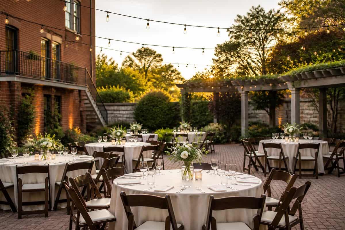 An elegantly arranged wedding reception in a landscaped outdoor venue.