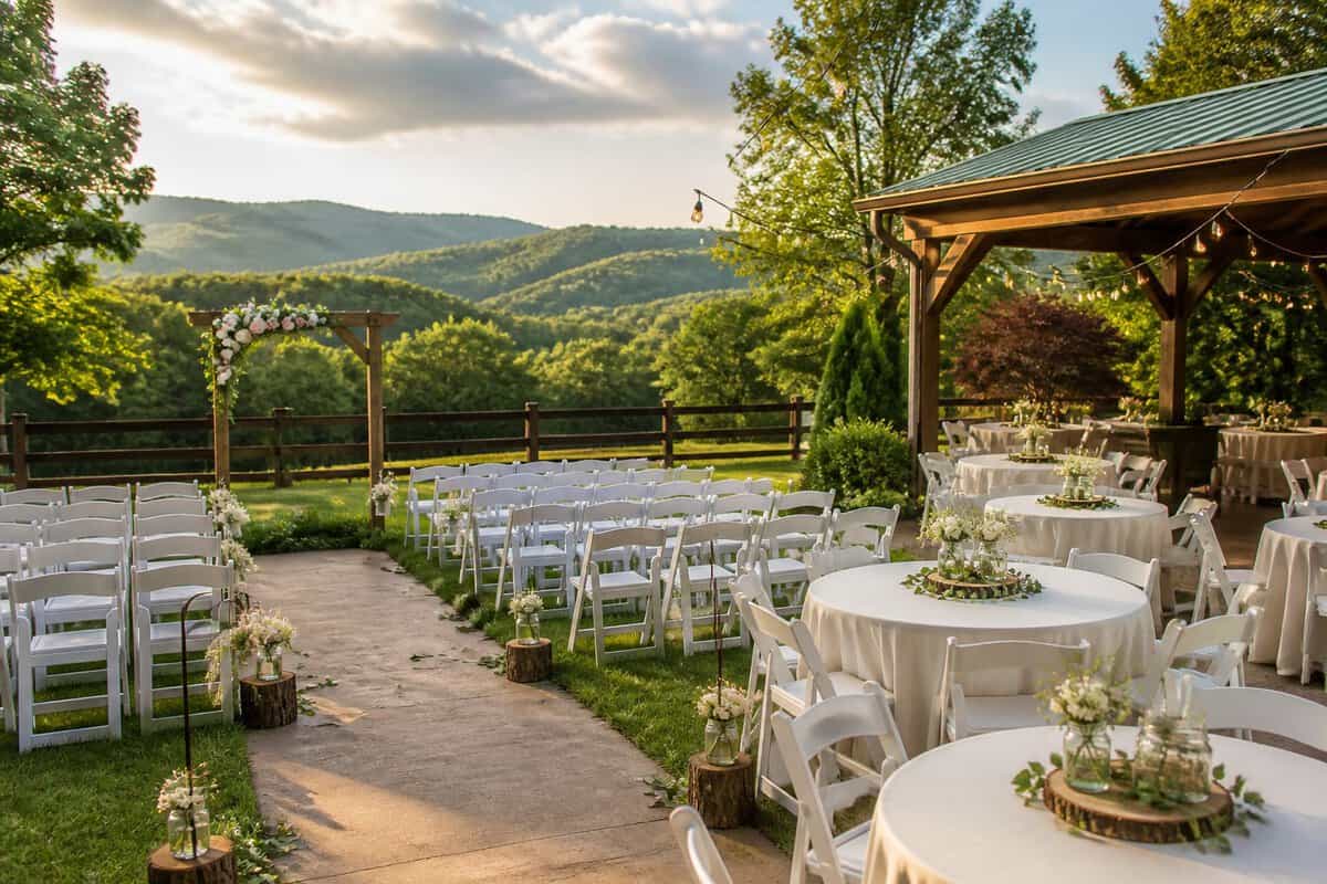 An affordable outdoor wedding venue with simple floral decorations, rows of chairs, and a modest reception area surrounded by greenery.