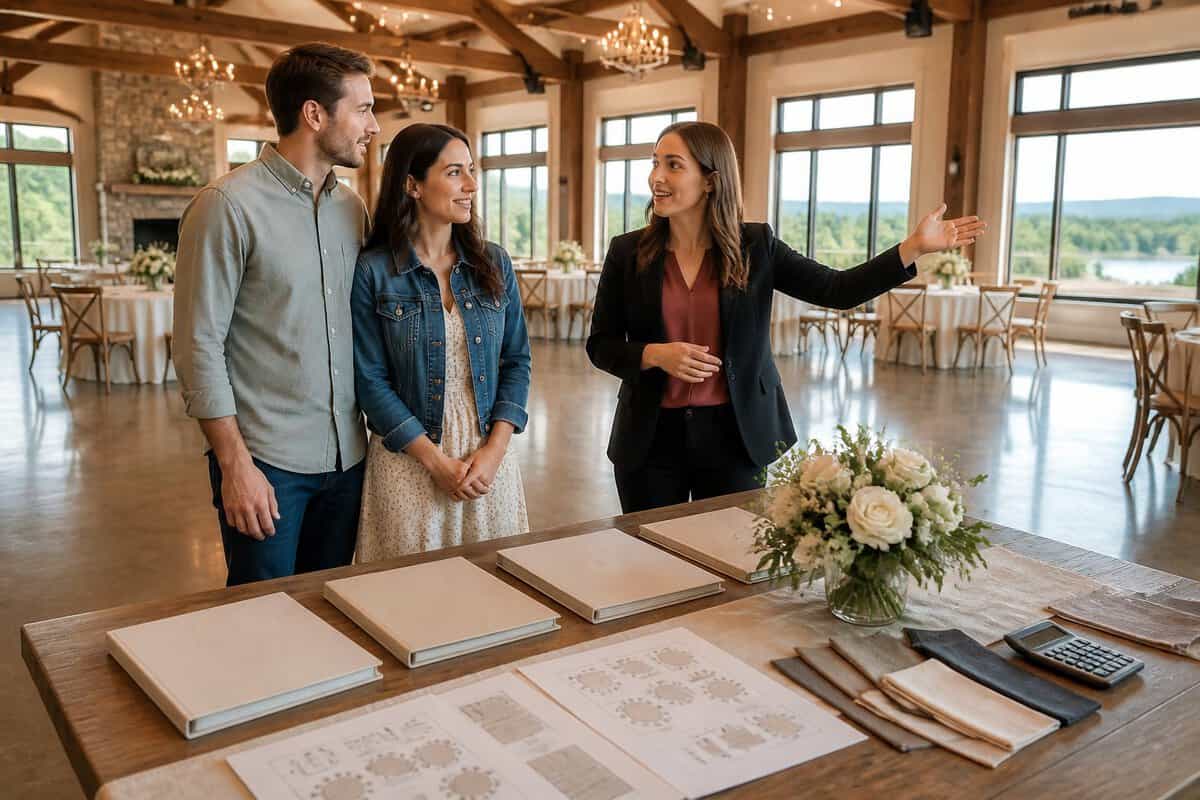 An engaged couple compares wedding venue options with a coordinator inside an elegant reception hall.