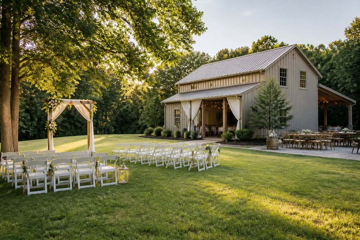 A charming South Jersey wedding venue with simple outdoor ceremony seating, greenery, and a decorated garden reception area.