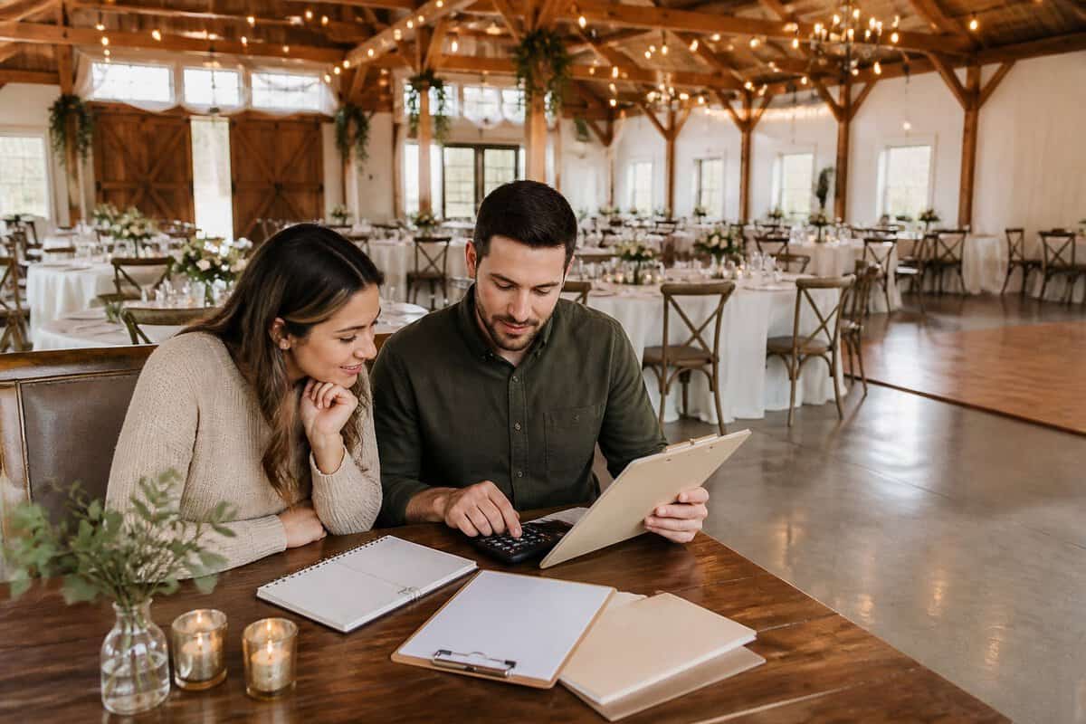 A couple reviews wedding budget materials in an affordable, warmly decorated reception venue.