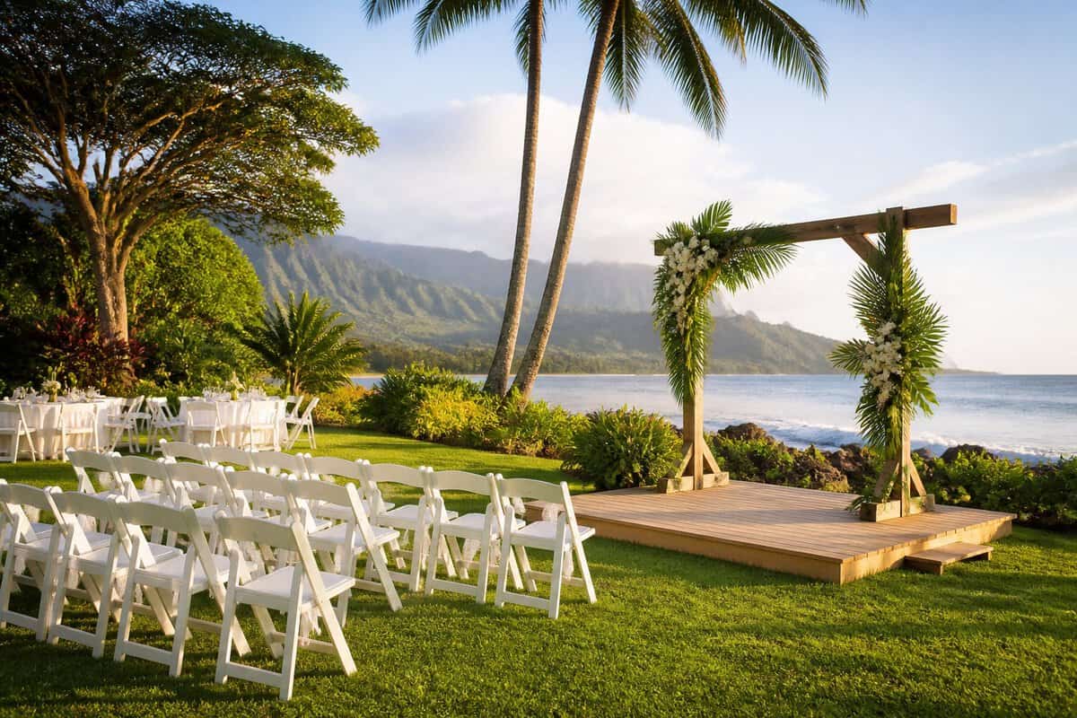 A simple outdoor wedding ceremony setup with white chairs, tropical flowers, palm trees, mountains, and the ocean in Kauai.