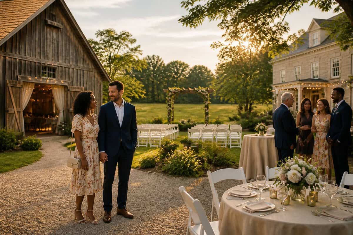 A couple and guests gather at a simple outdoor wedding venue surrounded by greenery and open fields.