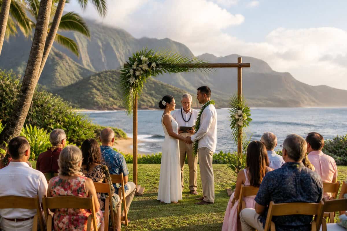 An intimate outdoor wedding ceremony on a lush Kauai lawn with a couple, guests, tropical greenery, and mountains in the background.