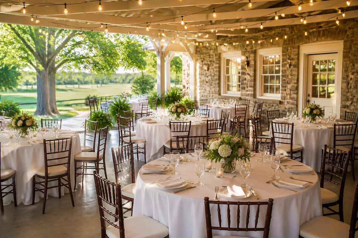 A warmly decorated wedding venue with simple tables, floral centerpieces, and string lights.