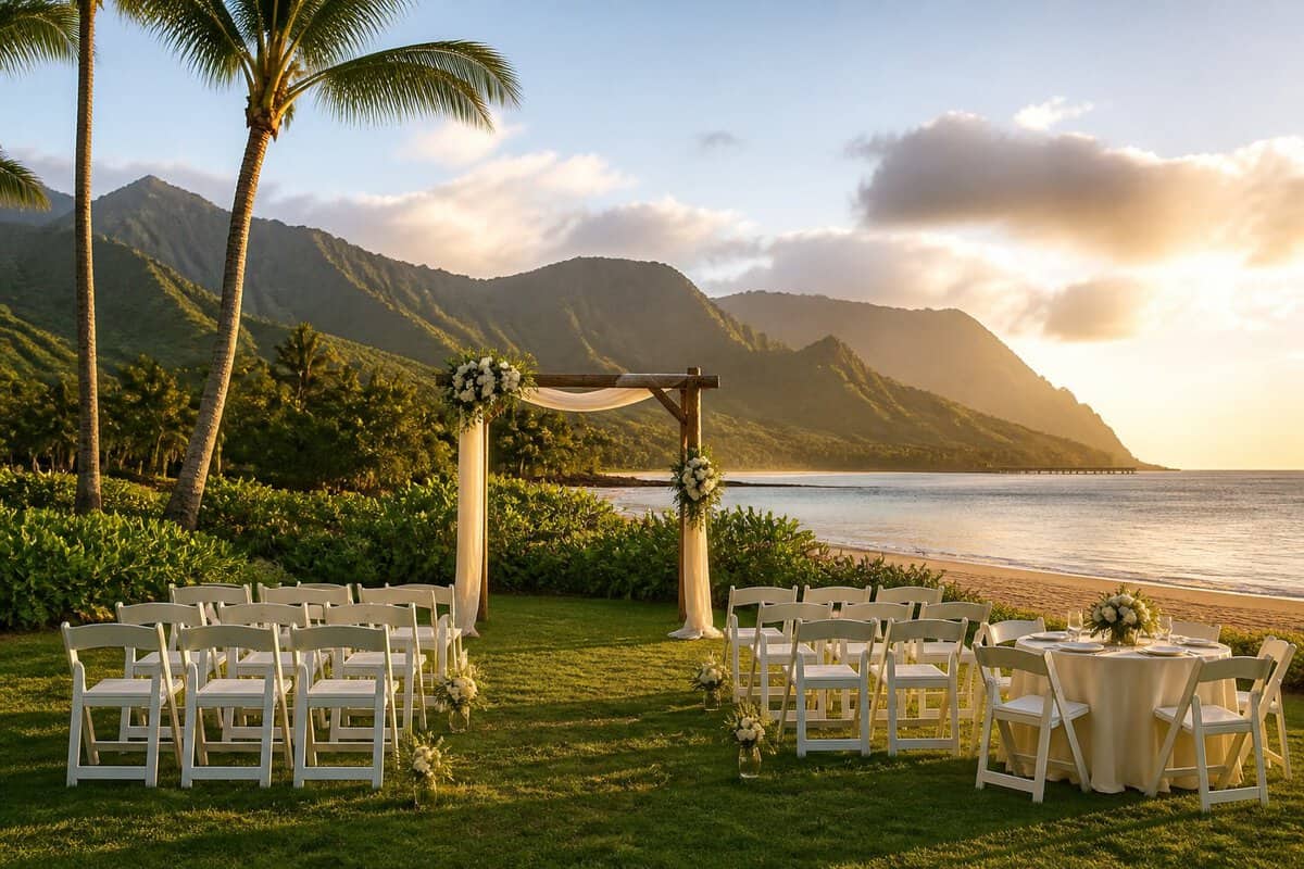 An intimate outdoor wedding setup with white chairs and a floral arch surrounded by tropical greenery and Kauai mountains.