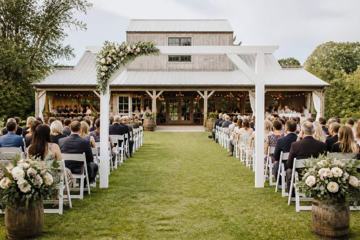 An inviting wedding ceremony and reception setting at a landscaped South Jersey venue.