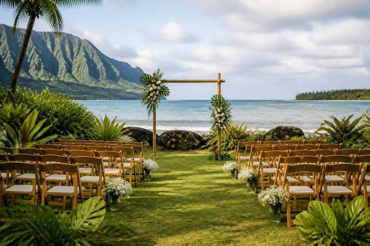 An intimate outdoor wedding setup on Kauai with tropical greenery, simple decorations, and ocean and mountain views.