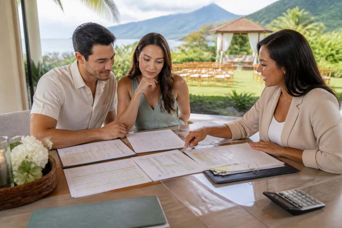 A couple compares wedding venue quotes with a coordinator at a tropical Kauai venue.