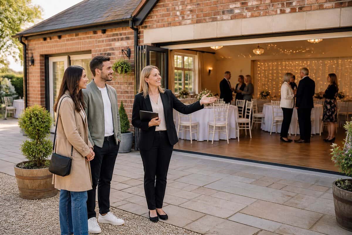 A couple tours a welcoming local wedding venue with a coordinator while guests gather in a simply decorated reception room.
