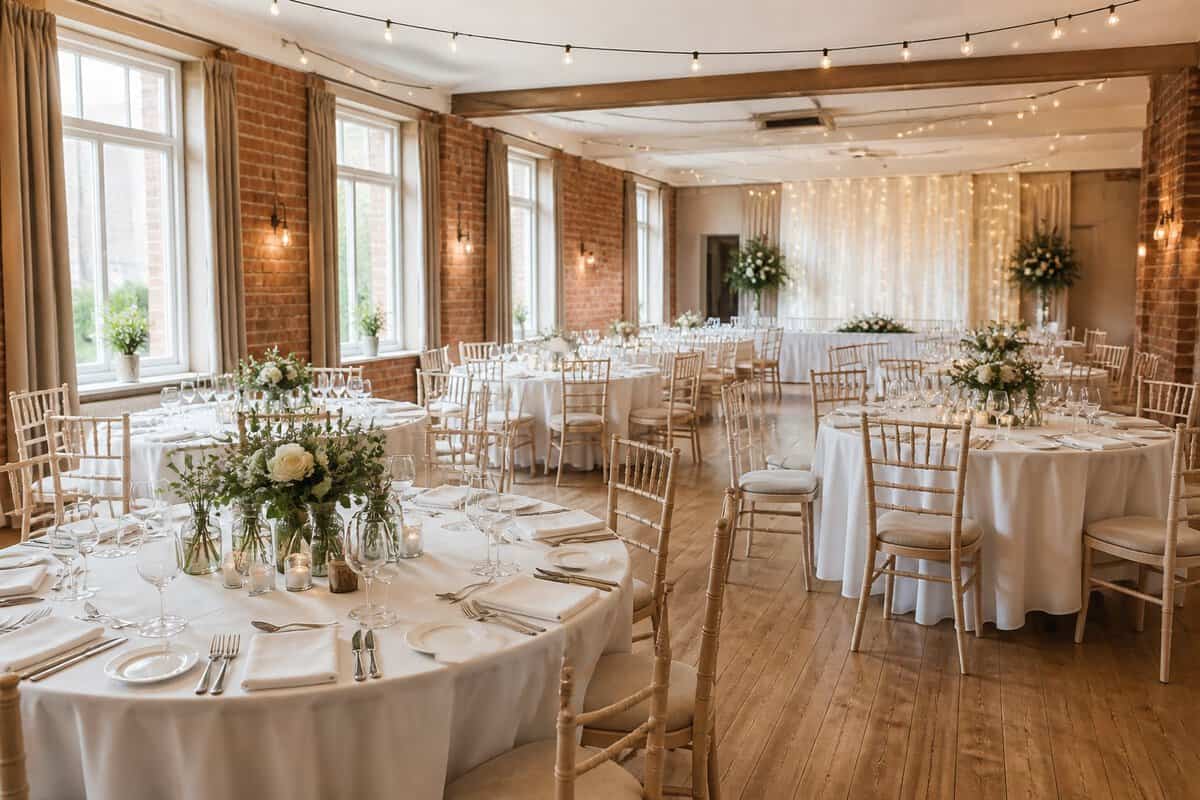 A bright, welcoming wedding reception venue with simple tables, cream linens, and understated floral arrangements.