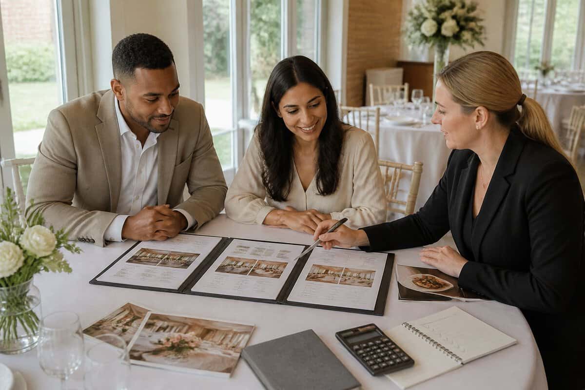 A couple compares wedding venue quote documents with a planner at a bright reception venue.