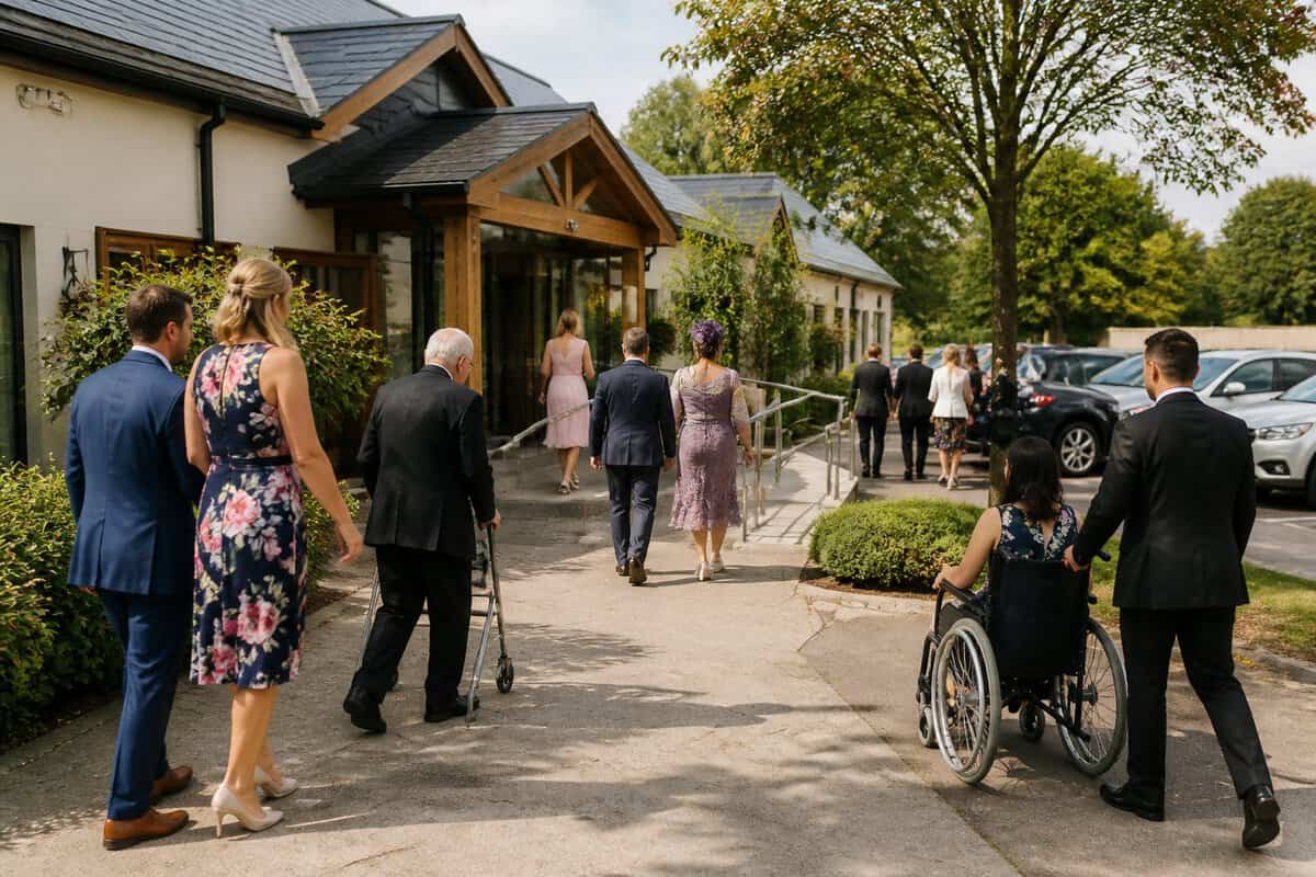 Wedding guests arriving at an accessible venue with nearby parking and landscaped grounds.