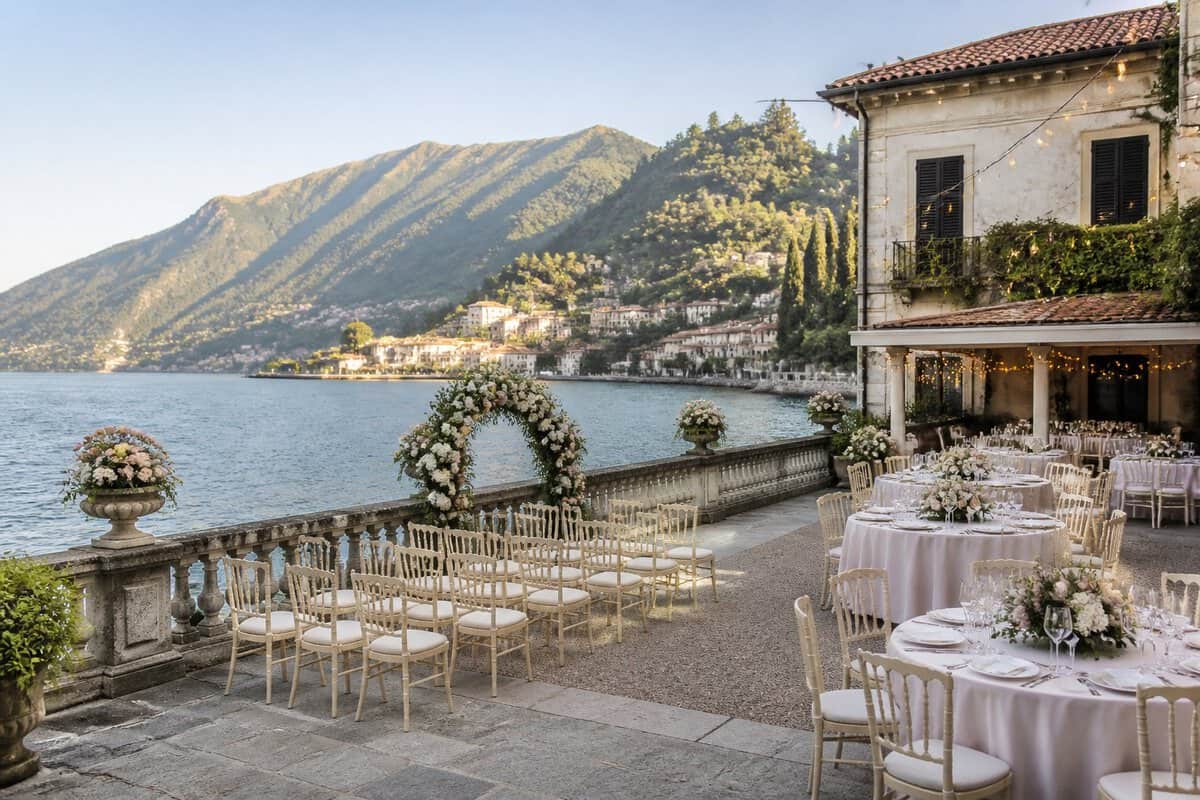 A charming lakeside wedding venue on Lake Como with simple decorations, mountains, and calm blue water in the background.