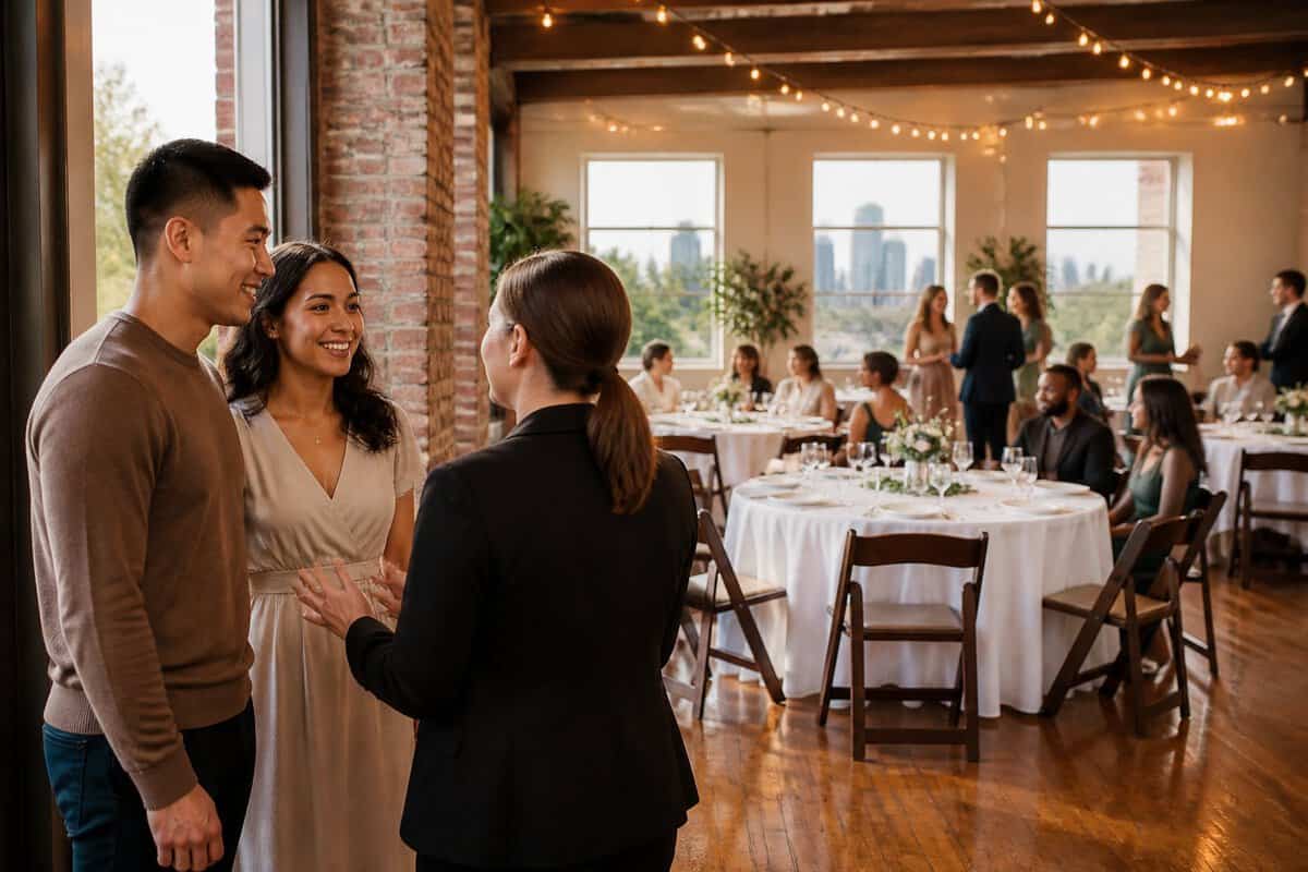 A couple explores an affordable wedding venue decorated with simple flowers, tables, and warm string lights.