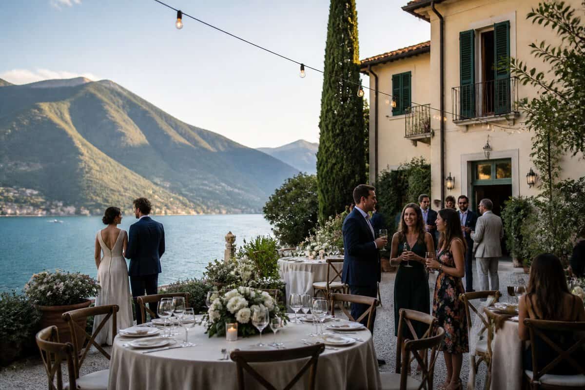 An intimate outdoor wedding reception beside Lake Como, with tables, flowers, guests, a villa, and mountains in the background.