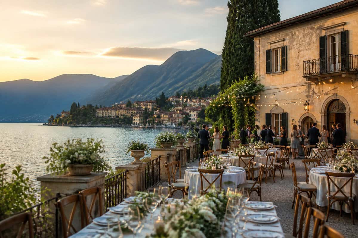 An intimate wedding reception on a lakeside terrace overlooking Lake Como and the surrounding mountains.