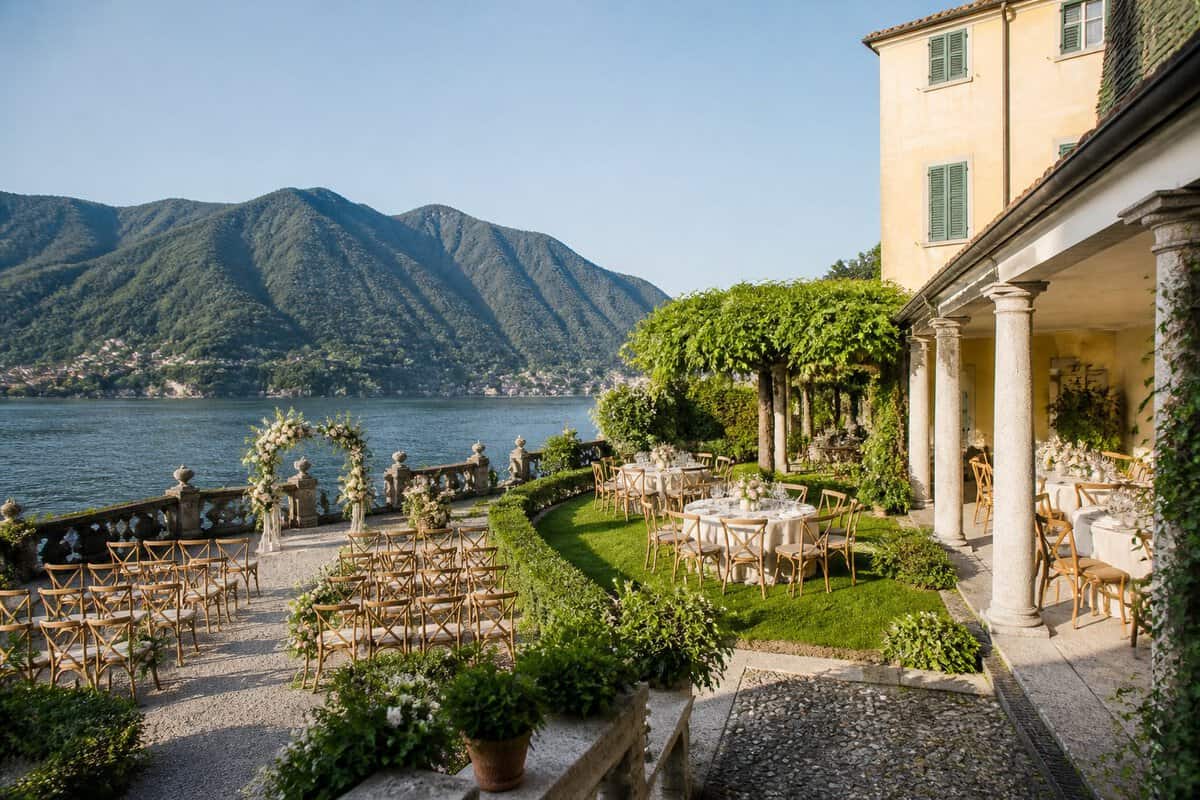 An intimate wedding setup on a terrace overlooking Lake Como and the surrounding mountains.
