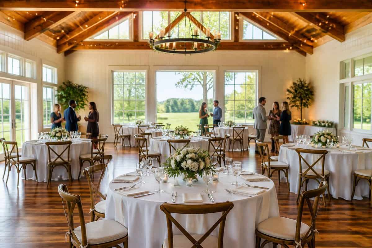 A warmly decorated wedding reception room with tables, floral centerpieces, guests, and a green outdoor view.