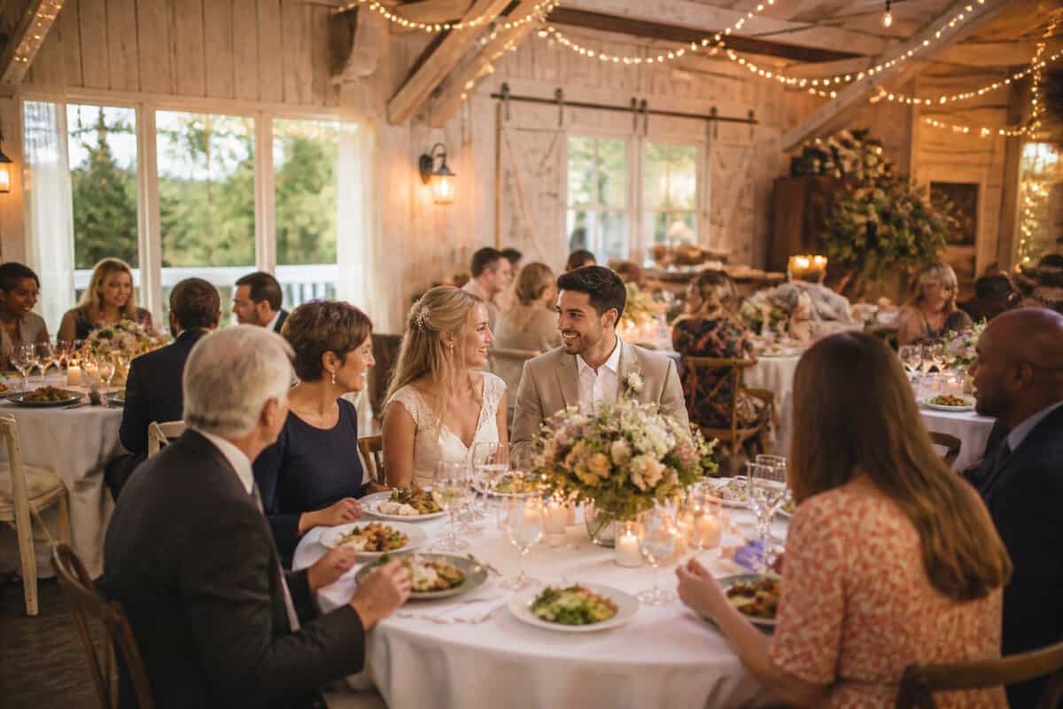 Guests celebrate at an inviting, affordable wedding reception in a Long Island venue.