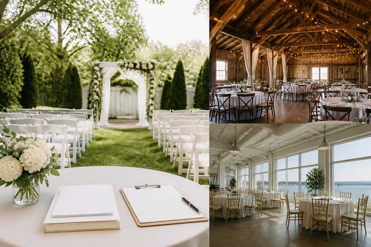 A selection of wedding venue settings with simple elegant decorations and outdoor seating.