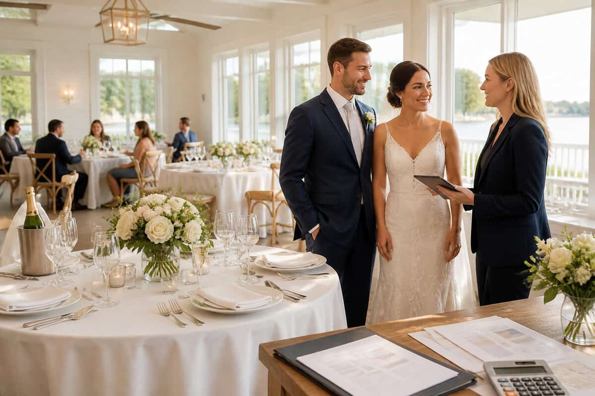 A couple discusses wedding plans with a venue coordinator beside a simply decorated reception table.