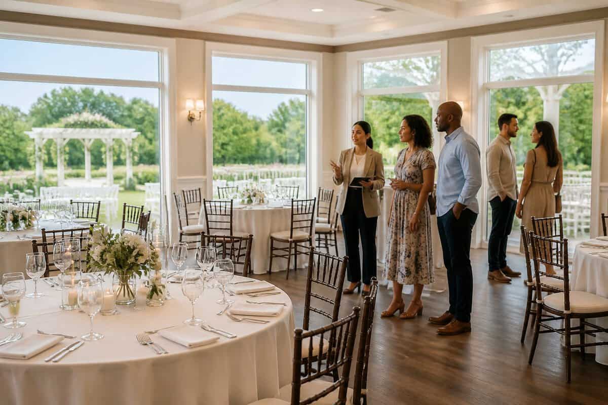 A welcoming wedding venue with decorated tables, a garden view, and couples touring the reception space.