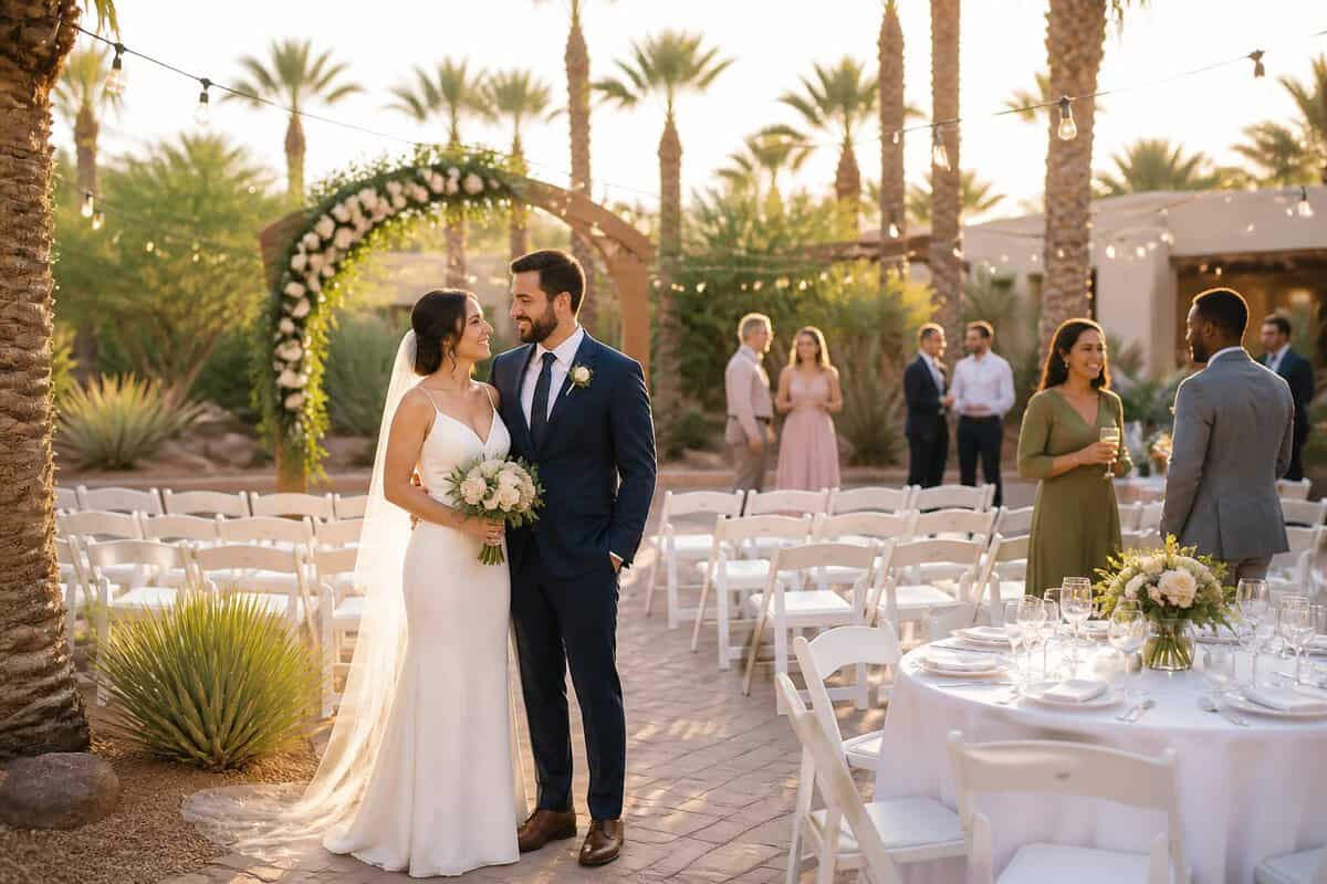 A bride and groom celebrate beside a simple outdoor wedding setup with guests, flowers, string lights, and palm trees in a sunny Las Vegas venue.