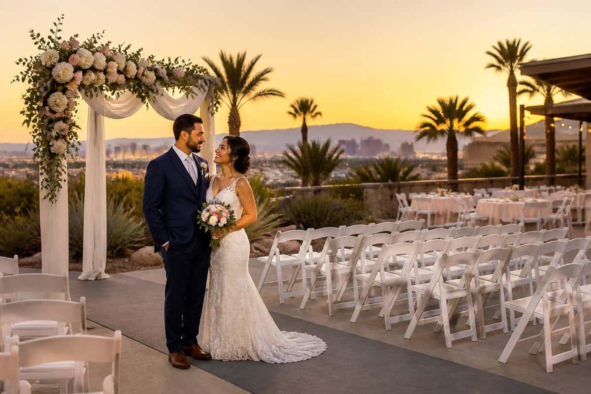 A couple stands beside a simple outdoor wedding ceremony setup with chairs, flowers, palm trees, and Las Vegas lights in the background.