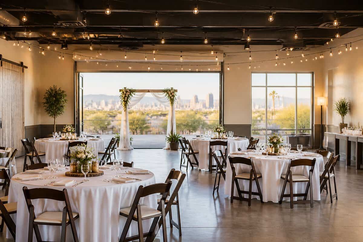 An affordable wedding reception venue in Las Vegas with simple elegant decor, flexible seating, and a softly visible desert city backdrop.