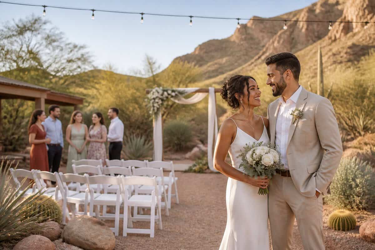 A couple celebrates at an intimate outdoor wedding venue surrounded by desert landscaping.