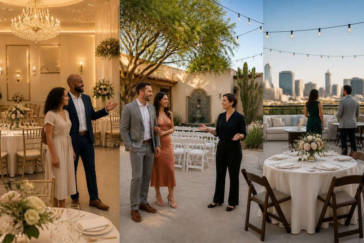 A couple compares several decorated wedding venue spaces in a Las Vegas setting.