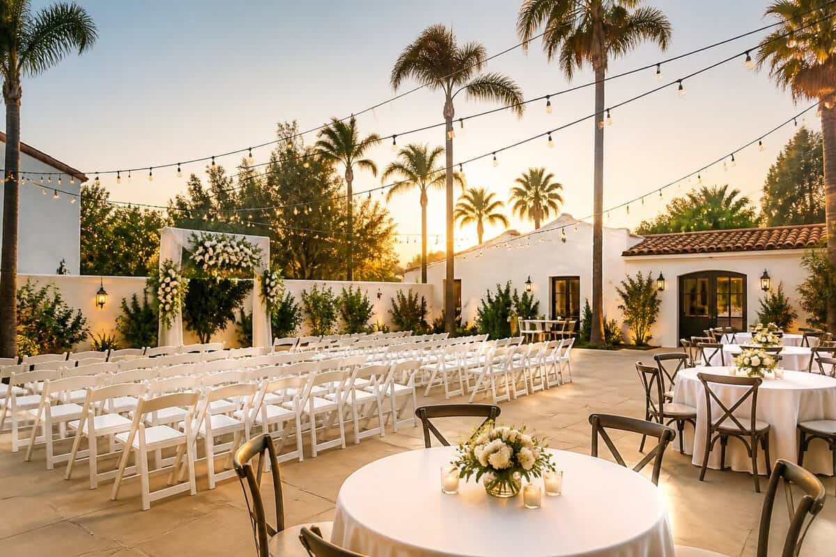 An elegant outdoor wedding courtyard in Los Angeles with white chairs, floral decorations, string lights, and palm trees.